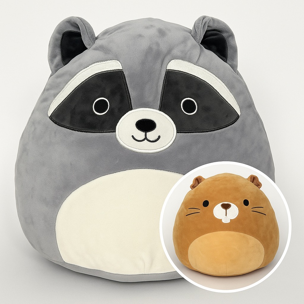 Flip-A-Mallows Reversible Plush Raccoon & Beaver 12” Soft Squish Toy Cute Cozy